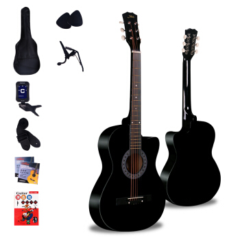 竹霖生ギターは角民謡の木吉が欠けています。初心者入門楽器は38寸の黒です。